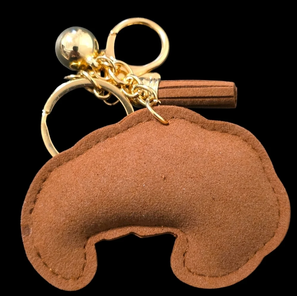 Brown Croissant Bag Charm Keychain with Gold Accents